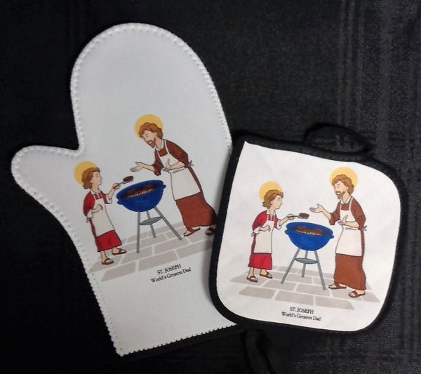 Oven Mitt/Pot Holder Set - St. Joseph with Young Jesus, World's Greatest Dad